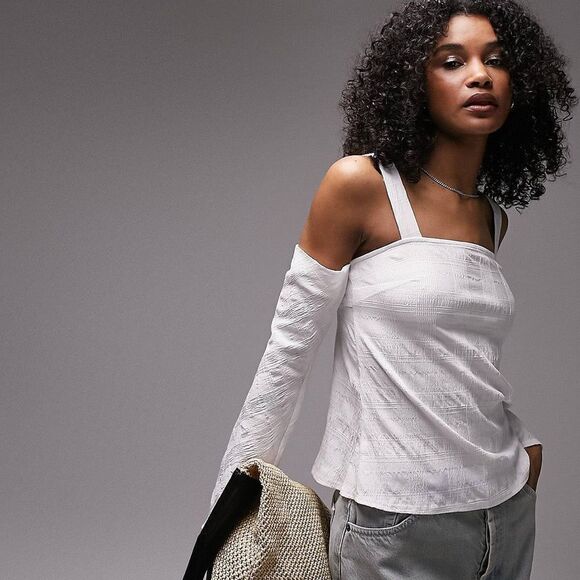 Topshop textured cold shoulder top in ivory - Picture 1 of 12